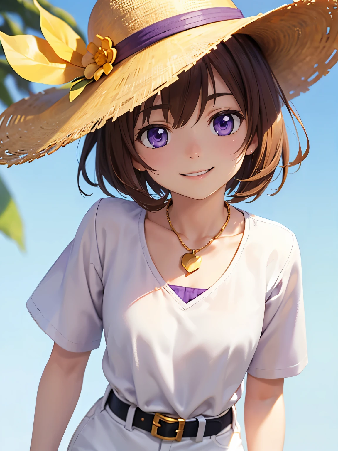 Purple eyes, white shirt, short sleeves, white pants, short, short hair, brown hair, no chest, golden necklace, golden belt, golden socks, outside, standing, golden hat, happy, portrait, closeup, sunny, day, facing forward, face forward, center