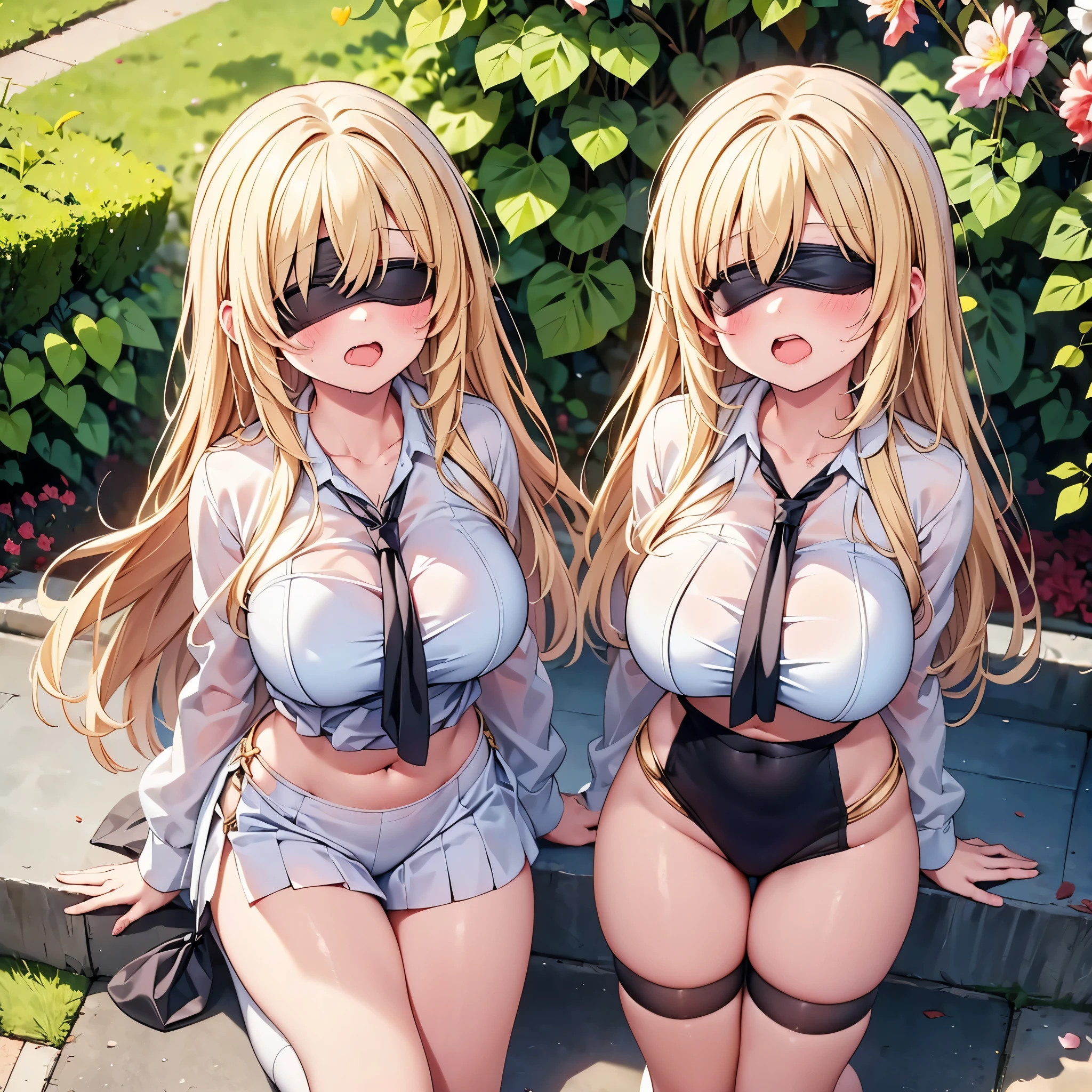 highest quality,wonderful,finely,extremely detailed CG Unity 8K wallpaper, (Stand in line:1.2), (3 girls, blonde, clothed), (huge breasts), (wariza:1.4), (midriff peek:1.2), (open mouth:1.1), (long tongue:1.1), (mouth drool:1.1), (black stockings:1.1),(Thighs:1.2),(Waistline:1.1),(Waistline),(black blindfold, blindfold:1.5), (From above:1.4)