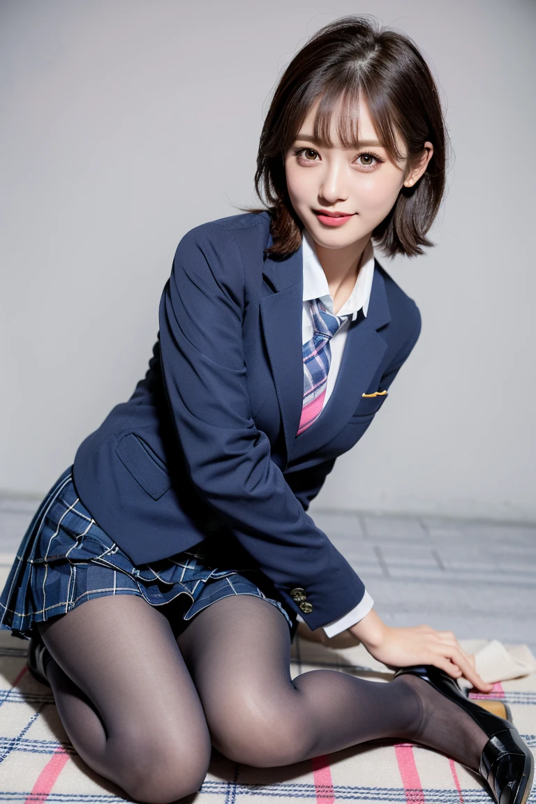 (8k), (highest quality: 1.2), (Realistic), (Realistic: 1.37), Ultra-high resolution, (1 girl), cute, smile, Mouth closed, Beautiful details, Beautiful Nose, Wet Hair, Short Bob,Giant Dulcefo, pork, Thighs,Self Snap,University uniform,simple(Navy Blue Blazer:1.2),Pleated skirt,(The skirt and tie are gray tartan check pattern.....:1.3),(Sitting:1), Sit on the ground,(Hug my feet:1),(Pink Pantyhose),from the front,knees