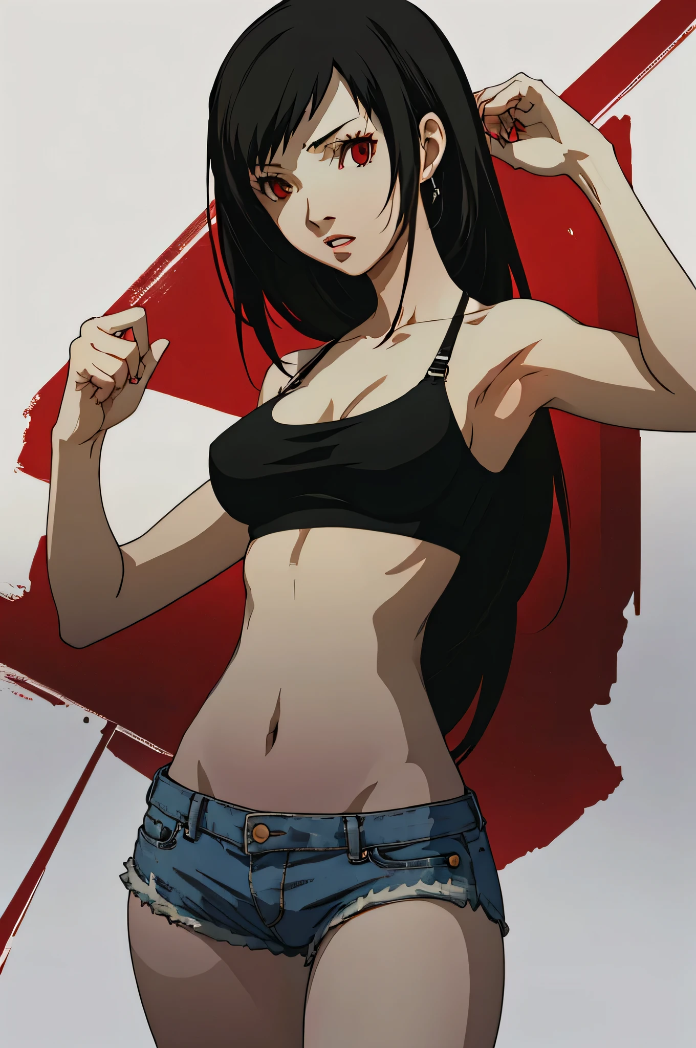 (masterpiece:1.2, best quality), 1lady, solo, upper body, portrait, red eyes, Tifa Lockhart, wearing a black bikini top and distressed jean shorts Confident and effortless with minimal makeup and long black hair (white background)