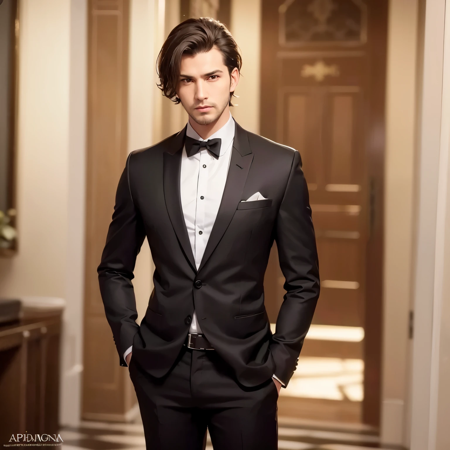 26 year old attractive man, Apiñonada skin, nariz griega, arrogant expression, es serio, dark brown eyes, cabello corto y peinado hacia un lado, facciones masculinas y muy marcadas, aura elegante y arrogante, no le gusta llevar cabello largo, usa traje negro y corbata, es el CEO de una empresa. digital illustration of video game characters.