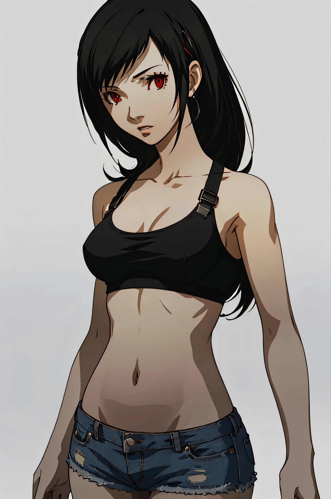 (masterpiece:1.2, best quality), 1lady, solo, upper body, portrait, red eyes, Tifa Lockhart, wearing a black bikini top and distressed jean shorts Confident and effortless with minimal makeup and long black hair (white background)