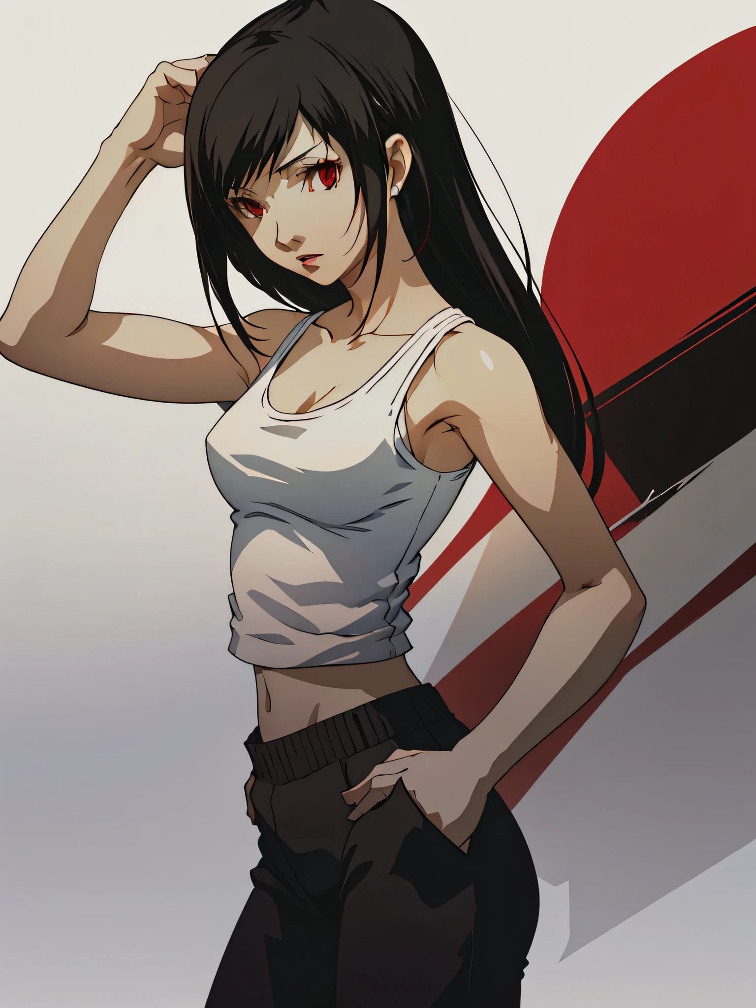 (masterpiece:1.2, best quality), 1lady, solo, full body, portrait, red eyes, tifa lockhart in a casual stance with a soft expression wearing a classic white tank top with black loose sweatpants Confident and effortless with minimal makeup and long black hair (white background)