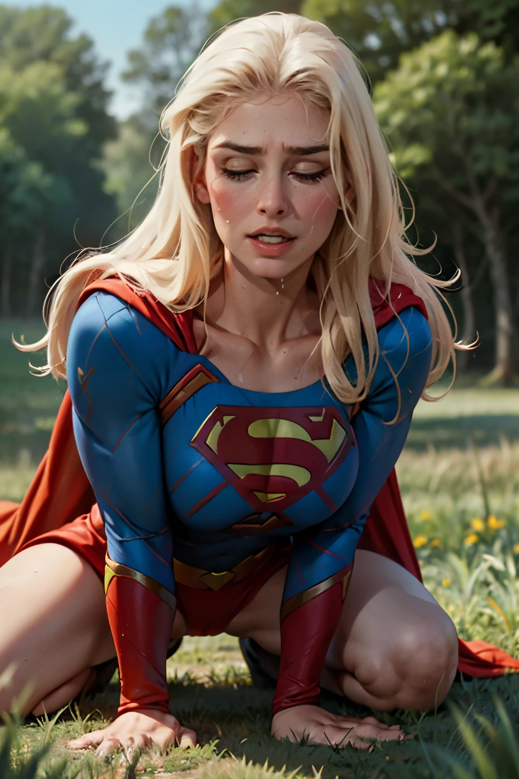 ((highest quality)), ((masterpiece)), (be familiar with), (High definition), (Realistic), (Realistic), (Best Shadow), Low contrast, (Complex:1.4), Side lighting, 8K, ((Helen Slator)), ((SUPER GIRL)), Perfect Face、Detailed、(Accurate hand and finger depiction)、Supergirl Women、Blonde、Voluptuous body、(Large Breasts:1.1)、Narrow waist、Big Ass、Alluring、glamorous, ((Lying on the ground)), ((Holding his crotch with his hands)), ((pissing:1.1)), Mouth open、(Eyes closed)、Anguished expression、(orgasm:1.0)、Flushing、(sweating)、On the grass、in the deep forest、wood々Surrounded by、blue sky