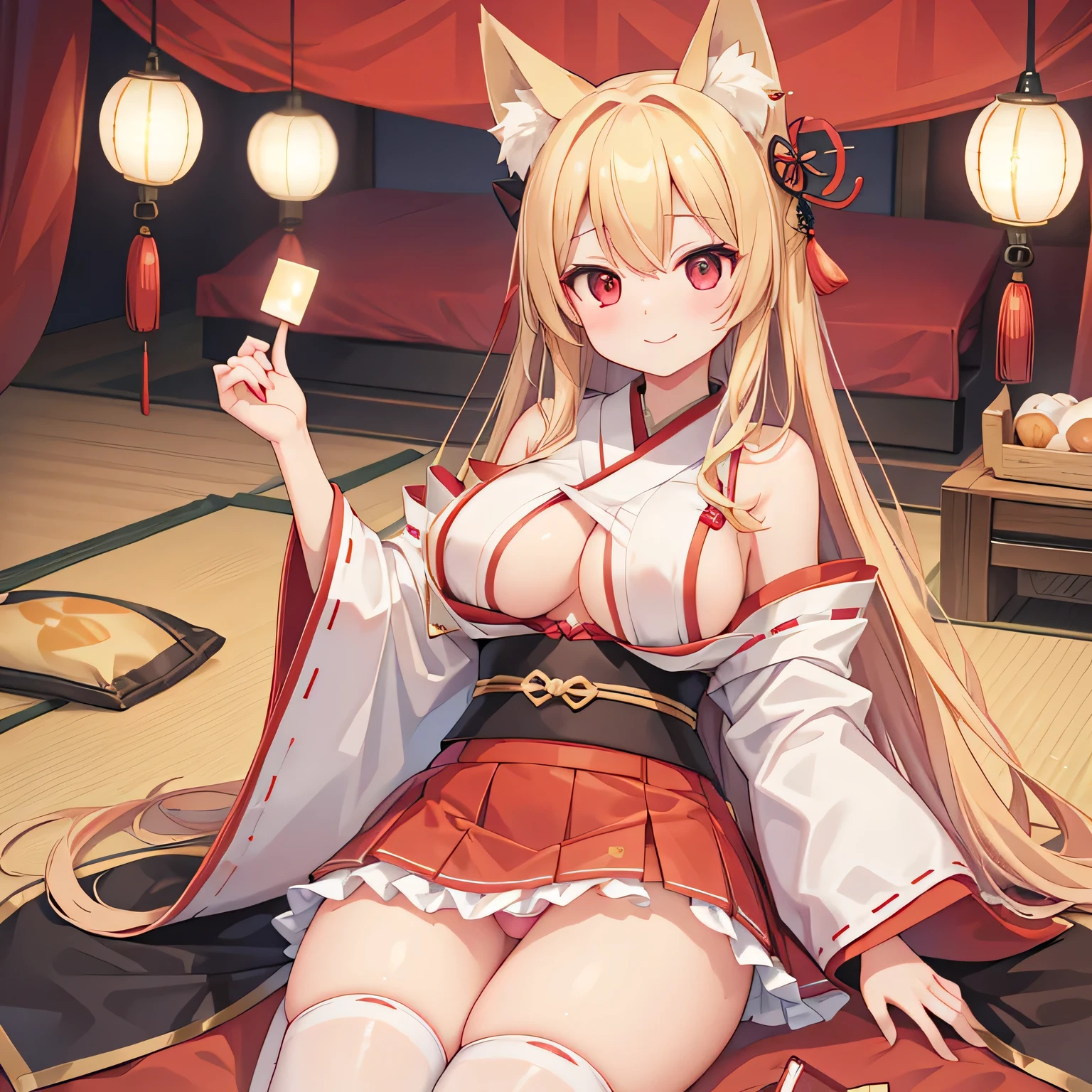 highest quality、、Big Breasts、Underboob、Fox ears、Long blonde、Red Eye、mini skirt、Panty shot、smile、Japanese-style room