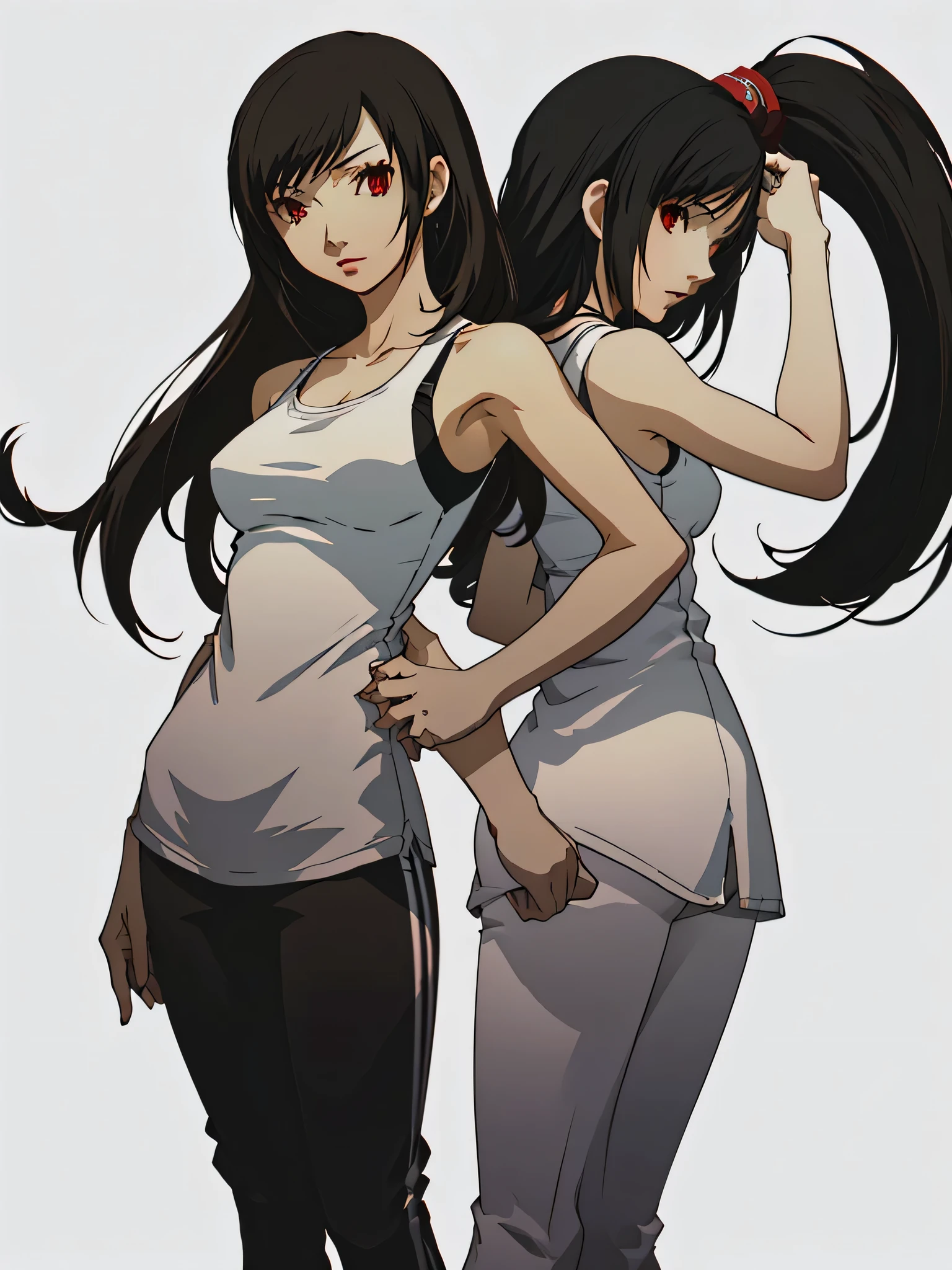 (masterpiece:1.2, best quality), 1lady, Tifa Lockhart, solo, full body, red eyes, in a casual stance witha soft expression wearing a classic white tank top with black loose sweatpants Confident and effortless with minimal makeup and long black hair (white background)