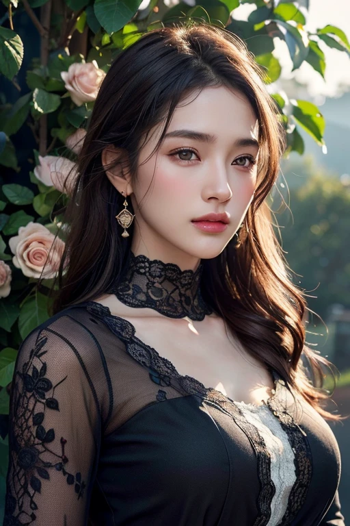 (Highest Quality: 1.4), (Masterpiece: 1.4), (Photorealistic: 1.4), (Ultra High Resolution, Raw Photo: 1.4), (HDR, Hyper Detail: 1.2), (8K: 1.2), Cinema Photo 1 Girl, Solo, Brown eyes, (Long black straight hair: 1.2), (Big breasts: 1.4), (Upper body: 1.4), (Perfect details: 1.2), Looking at viewer, Beautiful Japanese, Beautiful Korean , Outdoor, Realistic, Contoured Face, Moist Skin, (High Detailed Skin: 1.2), Detailed Face and Eyes, Natural Skin Texture, High Detailed Skin, Textured Skin, Pores, Imperfections skin, visible skin detail, detailed skin texture, shirt, (elegant lace long sleeve dress: 1.4), Van Cleef earrings, flowers and petals, landscape background, rose, abstract,