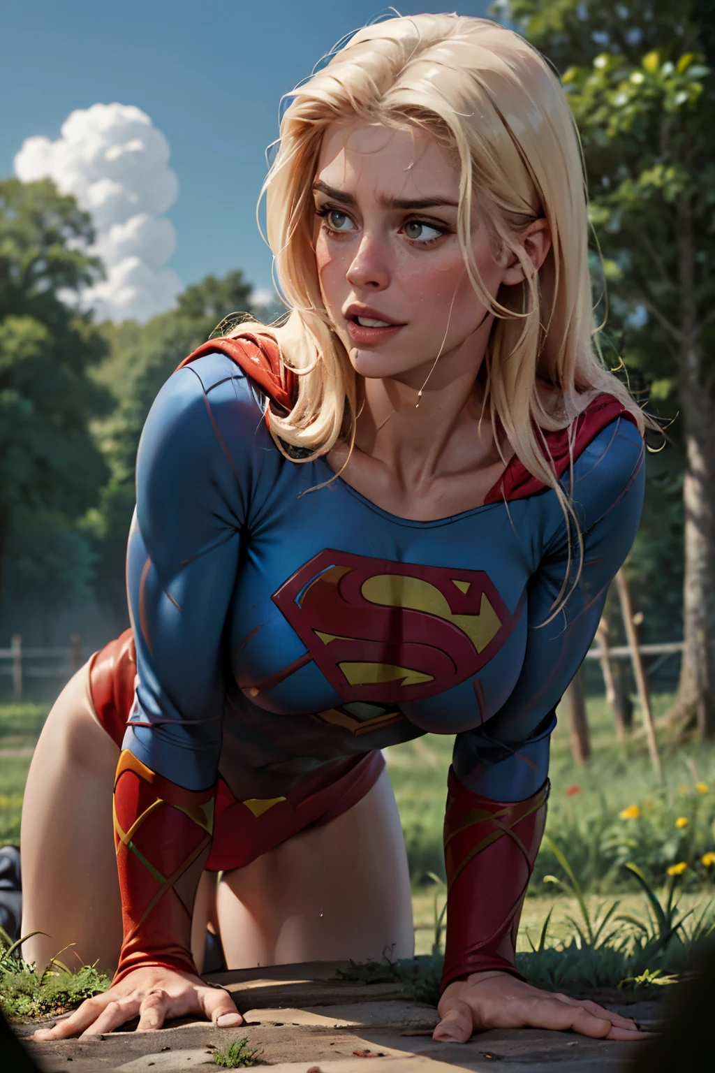 ((highest quality)), ((masterpiece)), (be familiar with), (High definition), (Realistic), (Realistic), (Best Shadow), Low contrast, (Complex:1.4), Side lighting, 8K, ((Helen Slator)), ((SUPER GIRL)), Perfect Face、Detailed、(Accurate hand and finger depiction)、Supergirl Women、Blonde、Voluptuous body、(Large Breasts:1.1)、Narrow waist、Big Ass、Alluring、glamorous, ((Lying on the ground)), ((Holding his crotch with his hands)), ((pissing:1.1)), Mouth open、Anguished expression、(orgasm:1.0)、Flushing、(sweating)、On the grass、in the deep forest、wood々Surrounded by、blue sky、(Close-up of face:1.2)