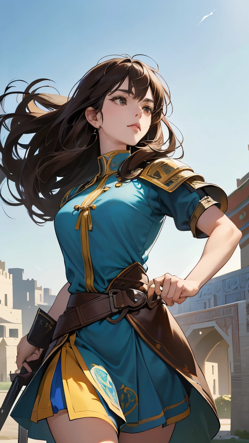 (absurdres, highres, ultra detailed),masterpiece,best quality,high resolution,8k,Realistic face,Realistic skin texture,magnified textures, stunning clarity,ultra detailed anime girl,(medieval central asia:1.3),action pose,dark brown hair,(have a lance),look at viewer,cowboy shot,silkroad,oasis,(central asia market:1.2),perfect anatomy,serene pose