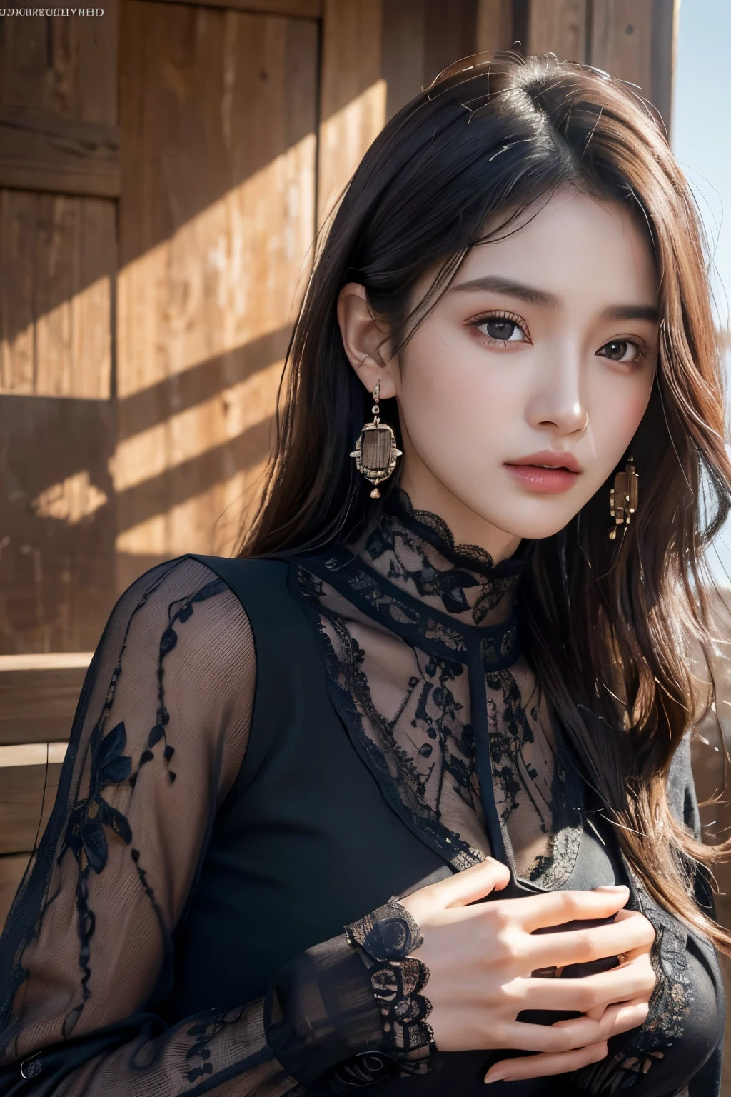 (Highest Quality: 1.4), (Masterpiece: 1.4), (Photorealistic: 1.4), (Ultra High Resolution, Raw Photo: 1.4), (HDR, Hyper Detail: 1.2), (8K: 1.2), Cinema Photo 1 Girl, Solo, Brown eyes, (Long black straight hair: 1.2), (Big breasts: 1.4), (Upper body: 1.4), (Perfect details: 1.2), Looking at viewer, Beautiful Japanese, Beautiful Korean , Outdoor, Realistic, Contoured Face, Moist Skin, (High Detailed Skin: 1.2), Detailed Face and Eyes, Natural Skin Texture, High Detailed Skin, Textured Skin, Pores, Imperfections skin, visible skin detail, detailed skin texture, shirt, (elegant lace long sleeve dress: 1.4), Van Cleef earrings, flowers and petals, landscape background, rose, abstract,