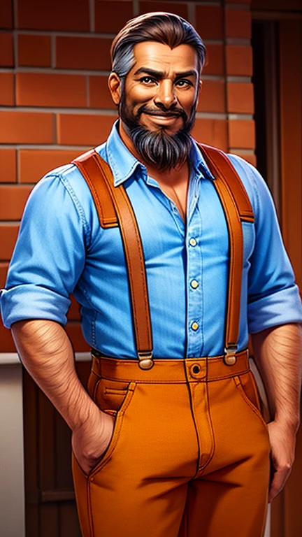 South American Men,40~Between 50 years old,Reddish brown skin,With a beard,Weathered face,Wear suspender jeans