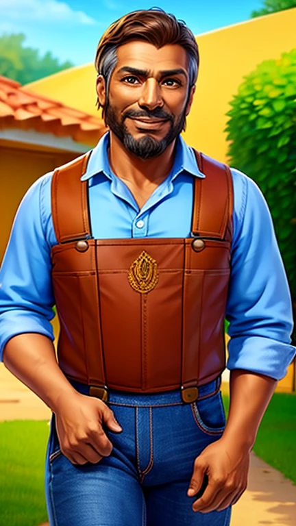 South American Men,40~Between 50 years old,Reddish brown skin,With a beard,Weathered face,Wear suspender jeans