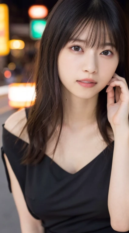 Random pose, Mix 4, (8k, Raw photo, highest quality, masterpiece: 1.45), (Realistic, Photorealistic: 1.37), One Girl, cute, Laughter、Cityscape, night, Professional Lighting, Cafe,street,Photon Mapping, Radio City, Physically Based Rendering, Gradient black hair, Gray Hair, Medium-long loose hair, Handsome, With a girl, (Big ample breasts:1.3),Off-the-shoulder dress, highest qualityの写真, High resolution, 1080p, (Clear Face), (Detailed face description), (Detailed hand description), (masterpiece), Lifelike, Extreme light and shadow, Disheveled Hair, masterpiece, Rich details, (Beautiful Faces), (highest qualityの写真), (masterpiece), (Finely grained), dual、Look in front of you, Thin clavicle,Emphasis on armpits、Show lower milk、Voluptuous thighs、?????? protrusion、Head to knee photo