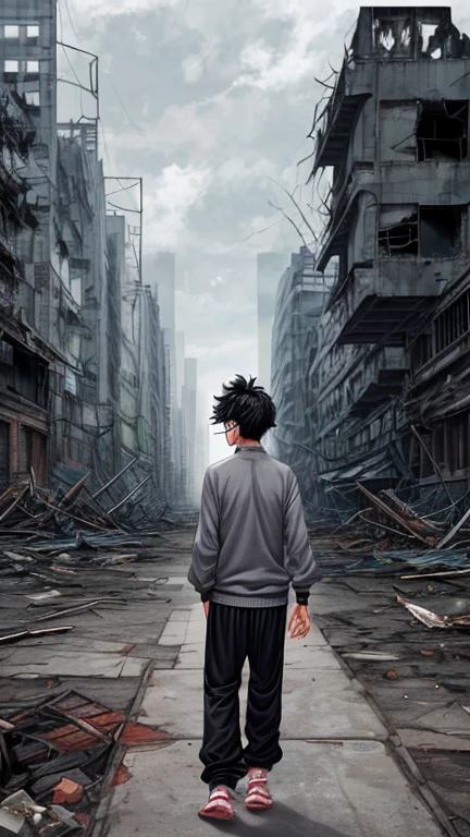 Asian teenage boy with ruffled hair, glasses, a grey sweate, and black sweatpants looking around a ruined city from behind 