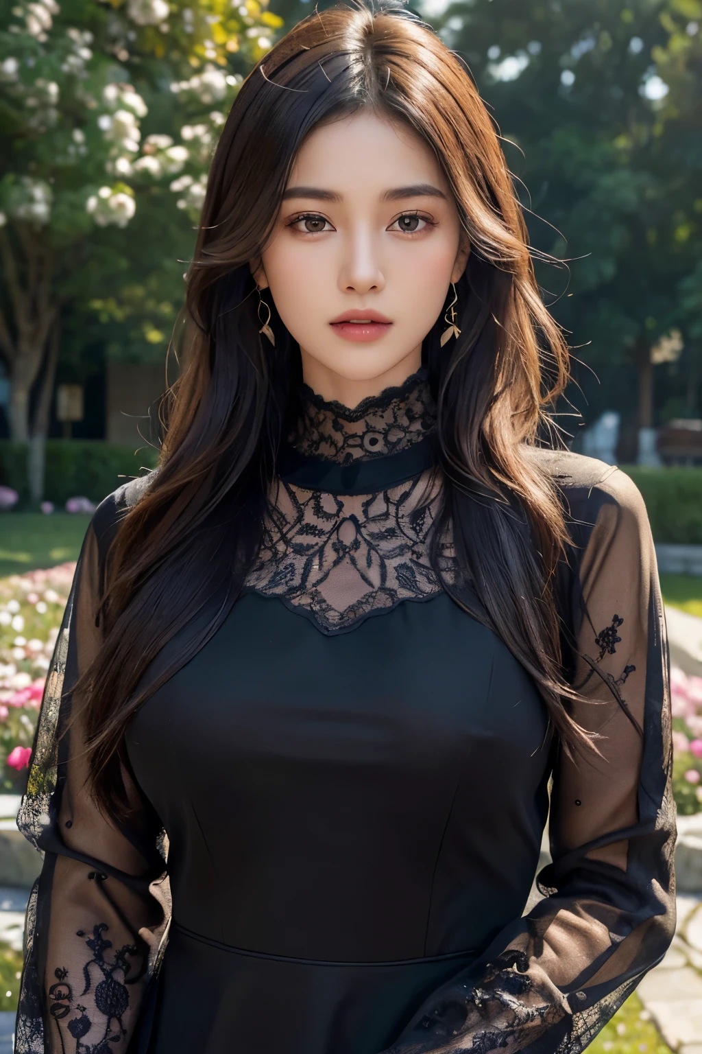 (Highest Quality: 1.4), (Masterpiece: 1.4), (Photorealistic: 1.4), (Ultra High Resolution, Raw Photo: 1.4), (HDR, Hyper Detail: 1.2), (8K: 1.2), Cinema Photo 1 Girl, Solo, Brown eyes, (Long black straight hair: 1.2), (Big breasts: 1.4), (Upper body: 1.4), (Perfect details: 1.2), Looking at viewer, Beautiful Japanese, Beautiful Korean , Outdoor, Realistic, Contoured Face, Moist Skin, (High Detailed Skin: 1.2), Detailed Face and Eyes, Natural Skin Texture, High Detailed Skin, Textured Skin, Pores, Imperfections skin, visible skin detail, detailed skin texture, shirt, (elegant lace long sleeve dress: 1.4), Van Cleef earrings, flowers and petals, landscape background, rose, abstract,