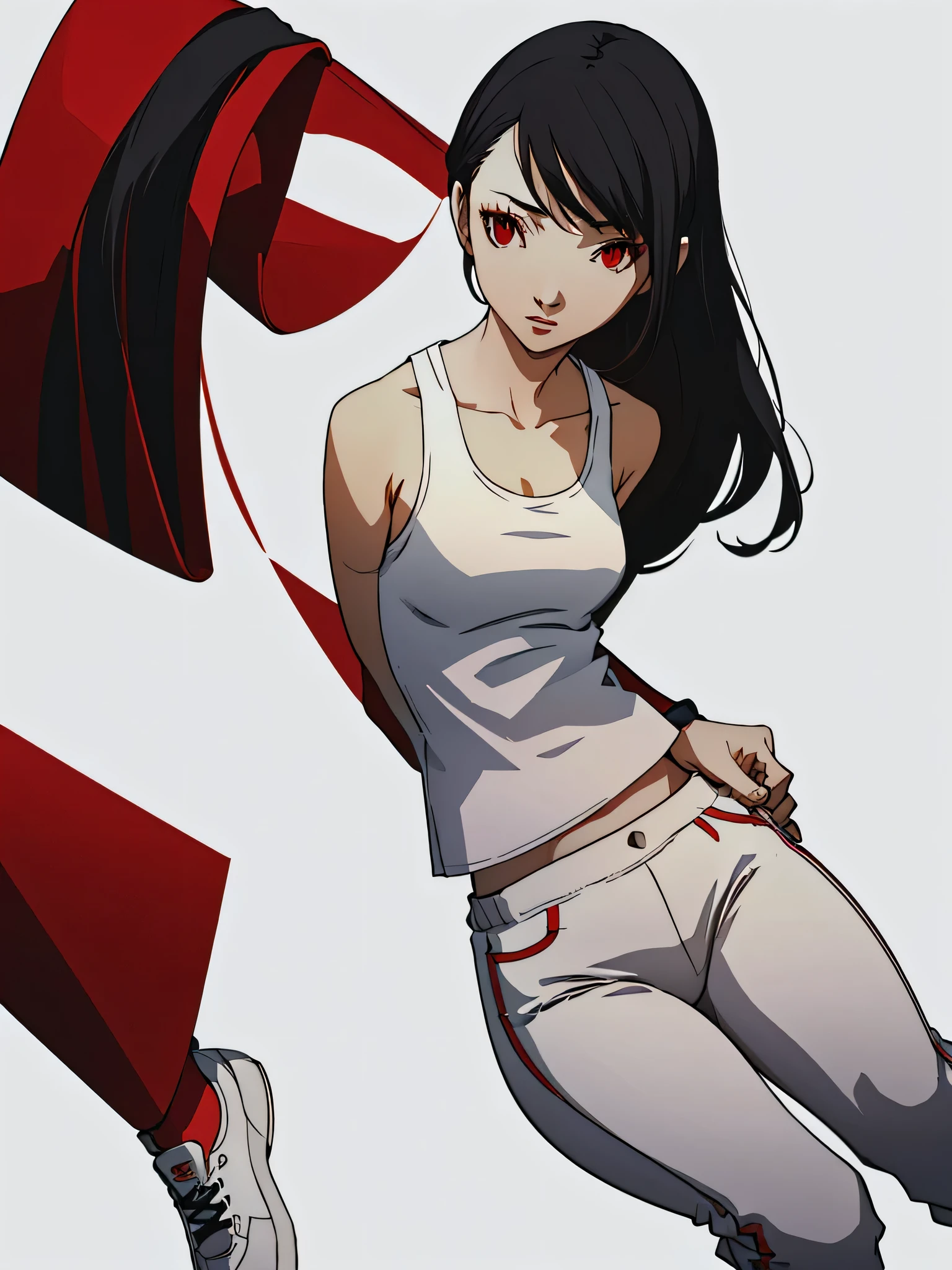 (masterpiece:1.2, best quality), 1lady, solo, full body, red eyes, wearing a classic white tank top with black sweatpants Confident and effortless with minimal makeup and long black hair (white background)