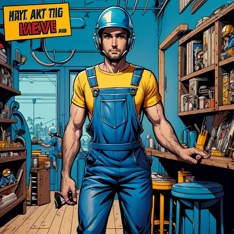 4k, Comic Babes, Man in Blue Overalls, with Helmet and a Wrench in His Hand