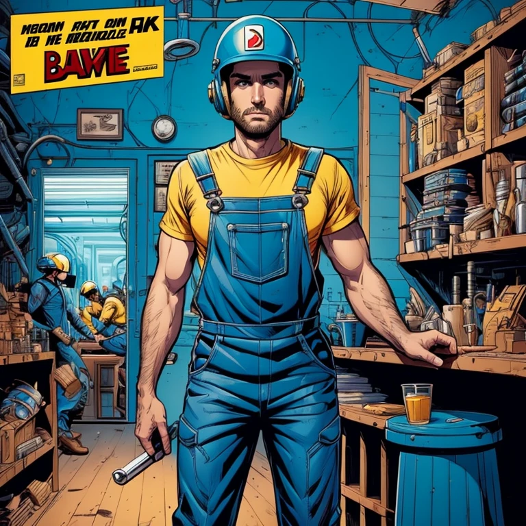 4k, Comic Babes, Man in Blue Overalls, with Helmet and a Wrench in His Hand