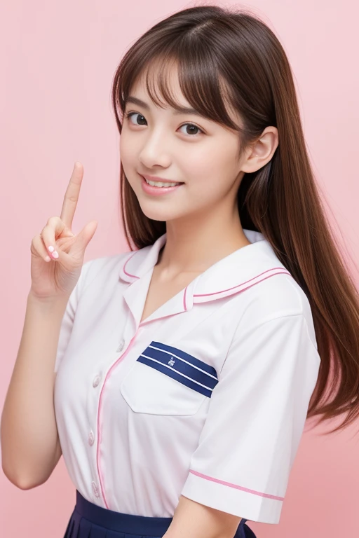 Light Pink Background、Making a peace sign、highest quality、Ultra-high resolution、Beautiful woman、cute、alone、Japanese women。Full Body Shot、Beautiful 15 year old student、high school girl、Laughter。Beautiful large breasted young female model。Bright expression、Photorealism、Extraordinarily beautiful girl、Beautiful Face、(Face to face with the children)、Glowing White Skin、Light brown straight hair、Thinning hair、Attractive beautiful brown eyes、double eyelid、、Stylish girl。Navy blue uniform skirt、The white shirt reveals the shoulders and collarbone.。Full body portrait。Healthy Face。Skin care cosmetics、Professional Lighting。