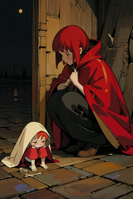 A little girl wearing a red cloak and golden hair, squatting in the corner, crying with her head down, holding a burning little match in her hand, with an old pair of hands extending to the little girl. It snows, outdoors, at night
