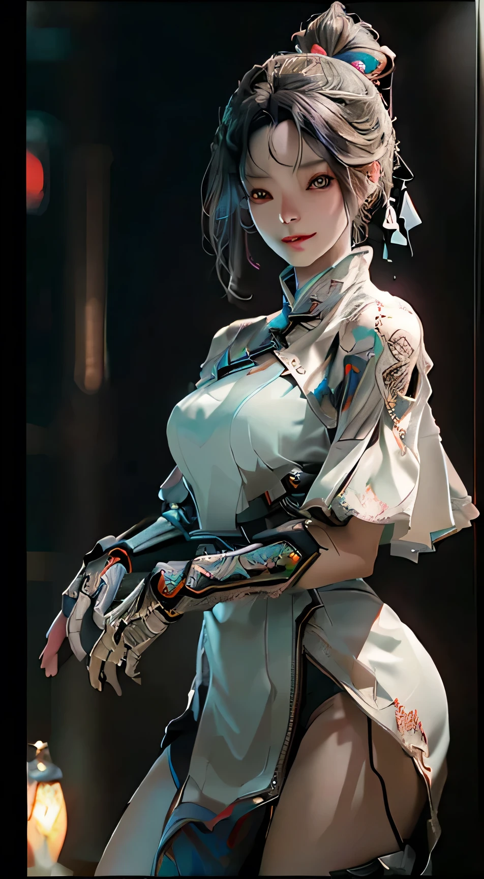 ((best quality)), ((masterpiece)), (detailed:1.4), 3D, Image of a beautiful cyberpunk woman,HDR (High Dynamic Range),Ray Tracing,NVIDIA RTX,Super Resolution,Unreal 5,Subsurface scattering,PBR textures,Post-Processing,Anisotropic filtering,Depth of Field,Maximum clarity and sharpness,Multi-layered textures,Albedo and highlight maps,Surface Shading,Accurate simulation of the interaction between light and material,Perfect proportion,Octane Rendering,Two-color lighting,Large aperture,Low ISO,White Balance,Rule of Thirds,8K Native,Short red cheongsam,Exposure,Cool。