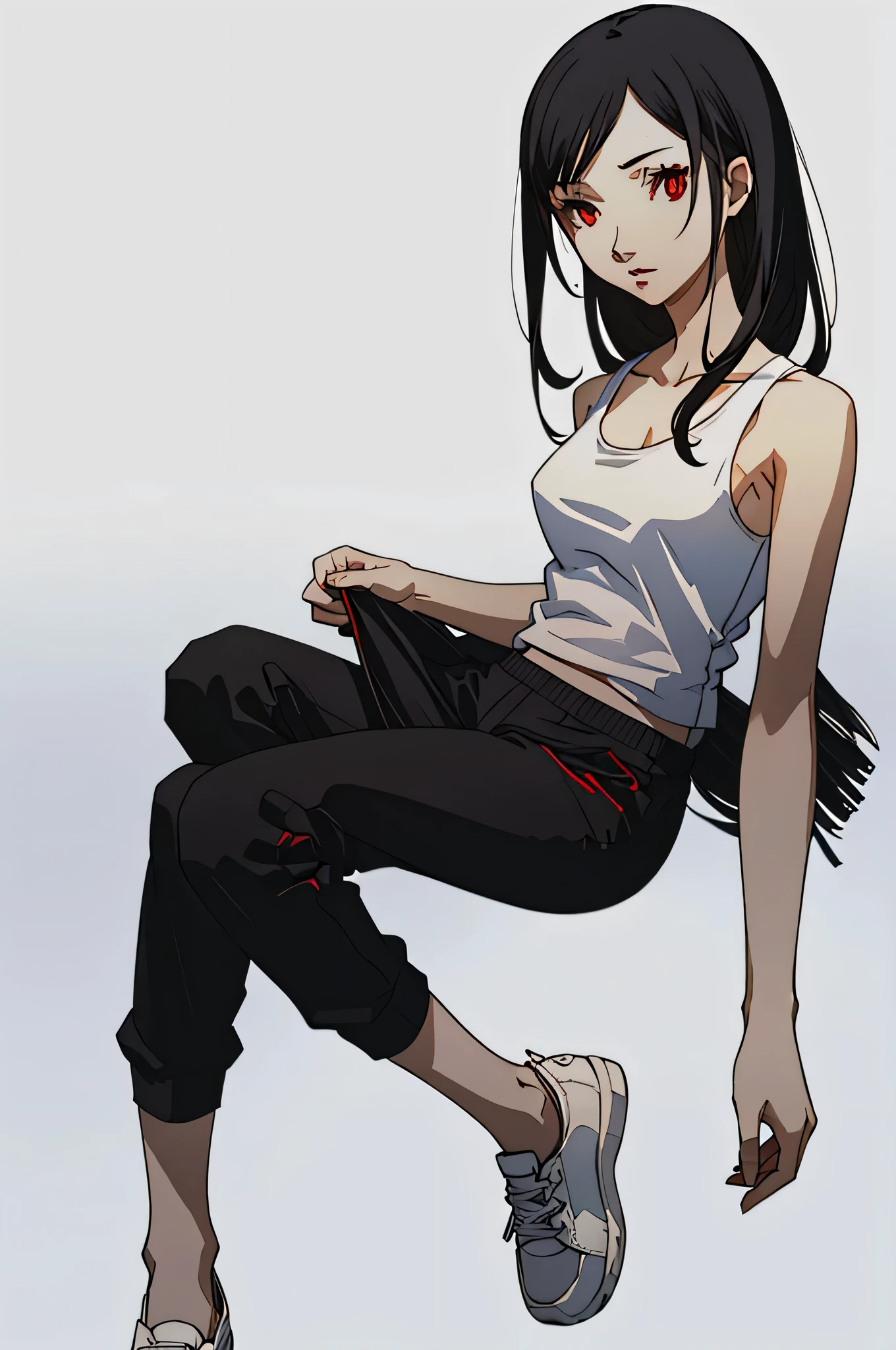 (masterpiece:1.2, best quality), 1lady, solo, full body portrait, red eyes, wearing a classic white tank top with black sweatpants Confident and effortless with minimal makeup and long black hair (white background)