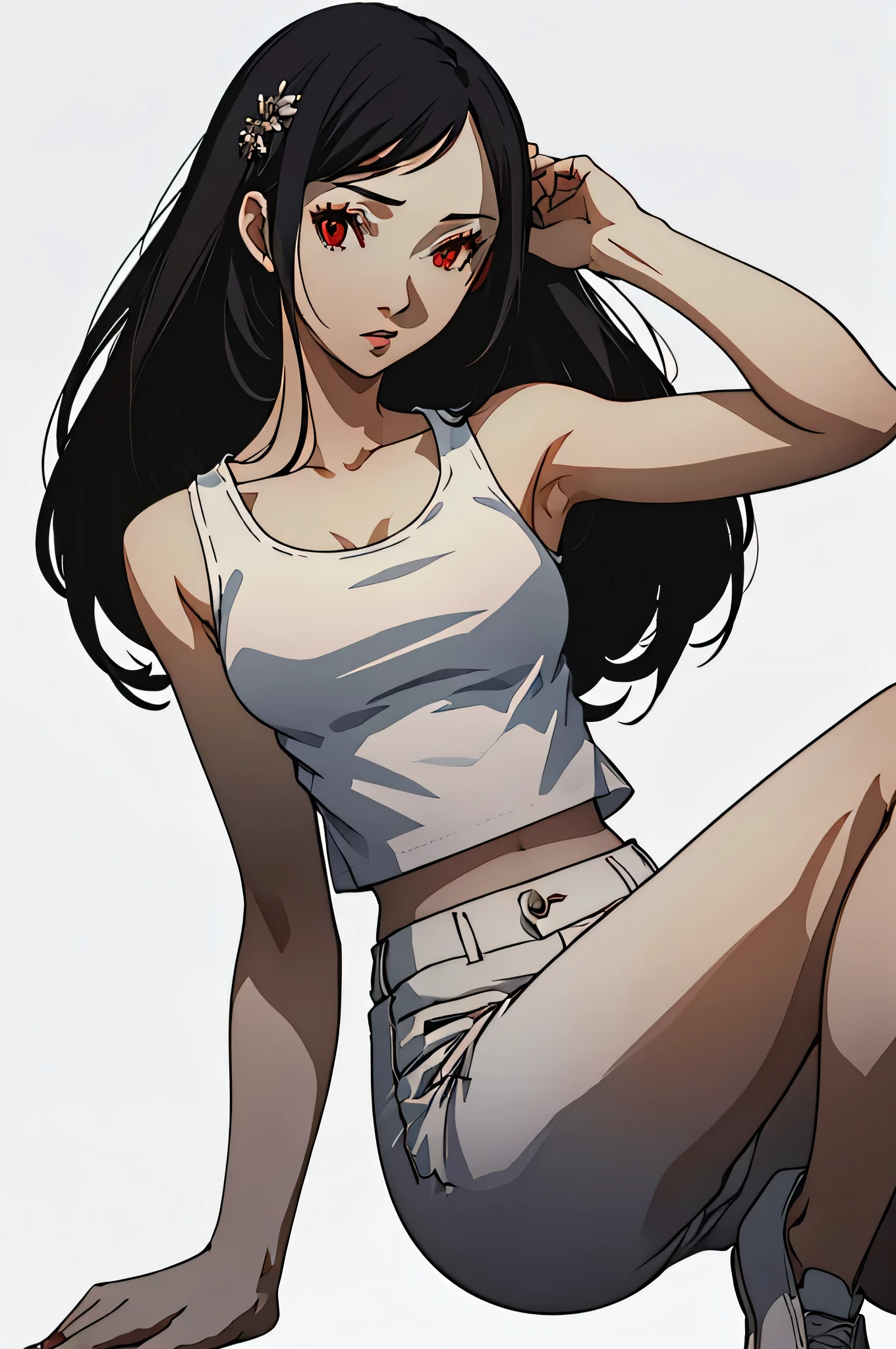 (masterpiece:1.2, best quality), 1lady, solo, full body portrait, red eyes, wearing a classic white tank top with black sweatpants Confident and effortless with minimal makeup and long black hair (white background)