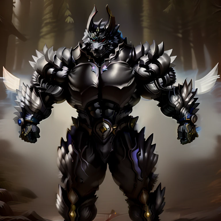 art by midjourney, CGI_Animation, (masterpiece:1.3), (best quality:1.5), anthro, (muscular), old, aged up, ((male)), (full body shot), dynamic lighting, ((male)), thick muscular body, powerful muscular body, ((bodybuilder body and wide powerful body and wide thick muscular body and powerful male body and muscles and muscled and thick arms and powerful arms and muscular arms and thick thighs and powerful legs and muscular legs and thick chest and wide chest and muscular chest and muscular abs and rippling muscles and powerful shoulders and muscular shoulders and muscular butt and thick muscular neck and powerful muscular back)), cinematic lighting, 8K, hi-fi, (perfect proportions:1.2), (armored muscular man:1.5), sharp focus, (illustration:1.1), (detailed), (intricate), (8k), (HDR), (cinematic lighting), (sharp focus), (color grading), black leather body suit, polished black armor, a wolf headed man in black armor with a horned wolf face helmet, glowing yellow eyes, Zen Aku, Zen-Aku, 