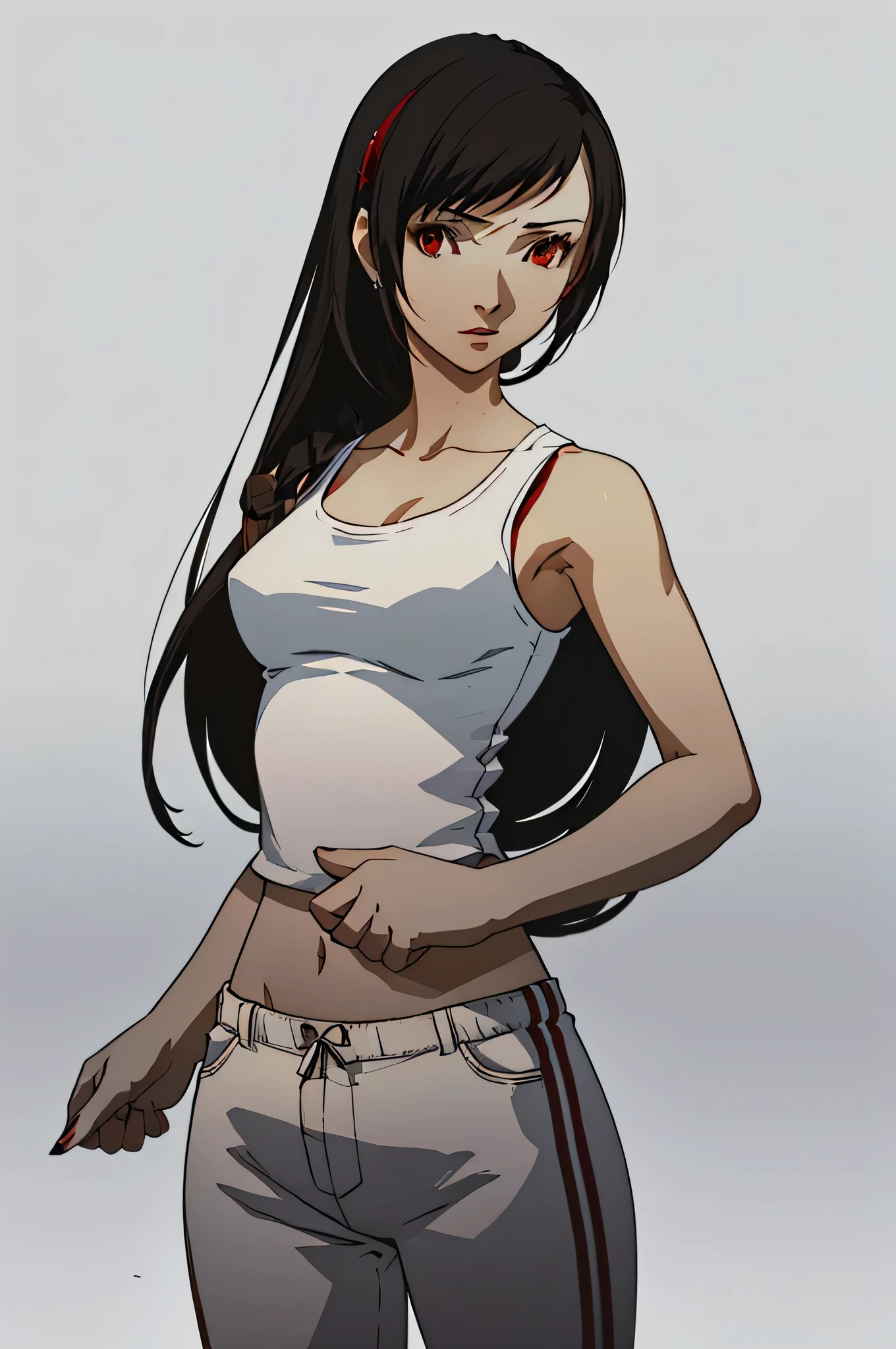 (masterpiece:1.2, best quality), 1lady, solo, portrait, red eyes, Tifa, wearing a classic white tank top with black sweatpants Confident and effortless with minimal makeup and long black hair (white background)