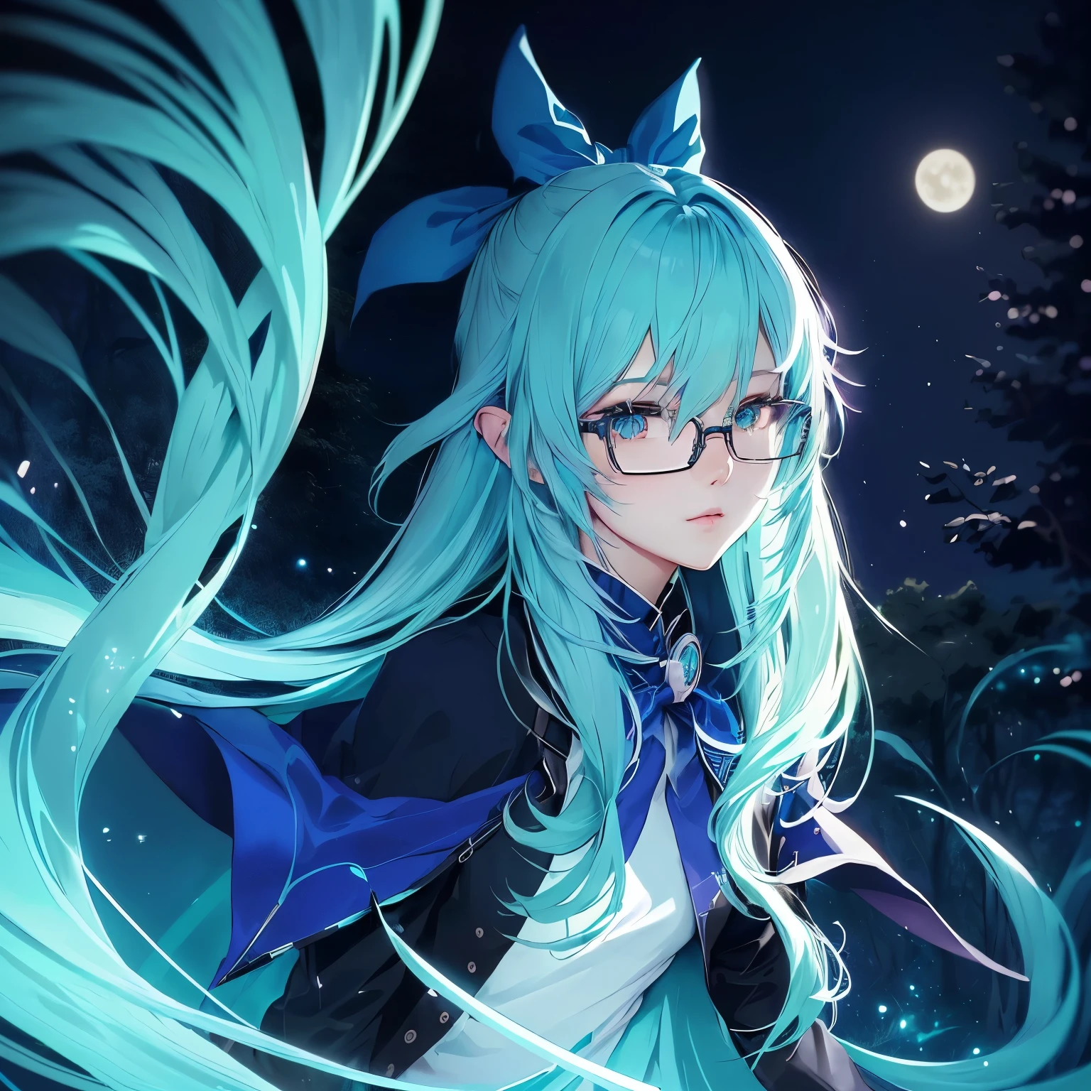 Anime girl with blue hair and glasses in a forest at night, Anime Moe Art Style, hatsune miku portrait, Metal Glasses, Nightcore, mikudayo, detailed Digital anime art, Turquoise hair anime girl, Beautiful anime portraits, High quality anime art style, anime art wallpaper 4k, anime art wallpaper 4k, Digital anime art