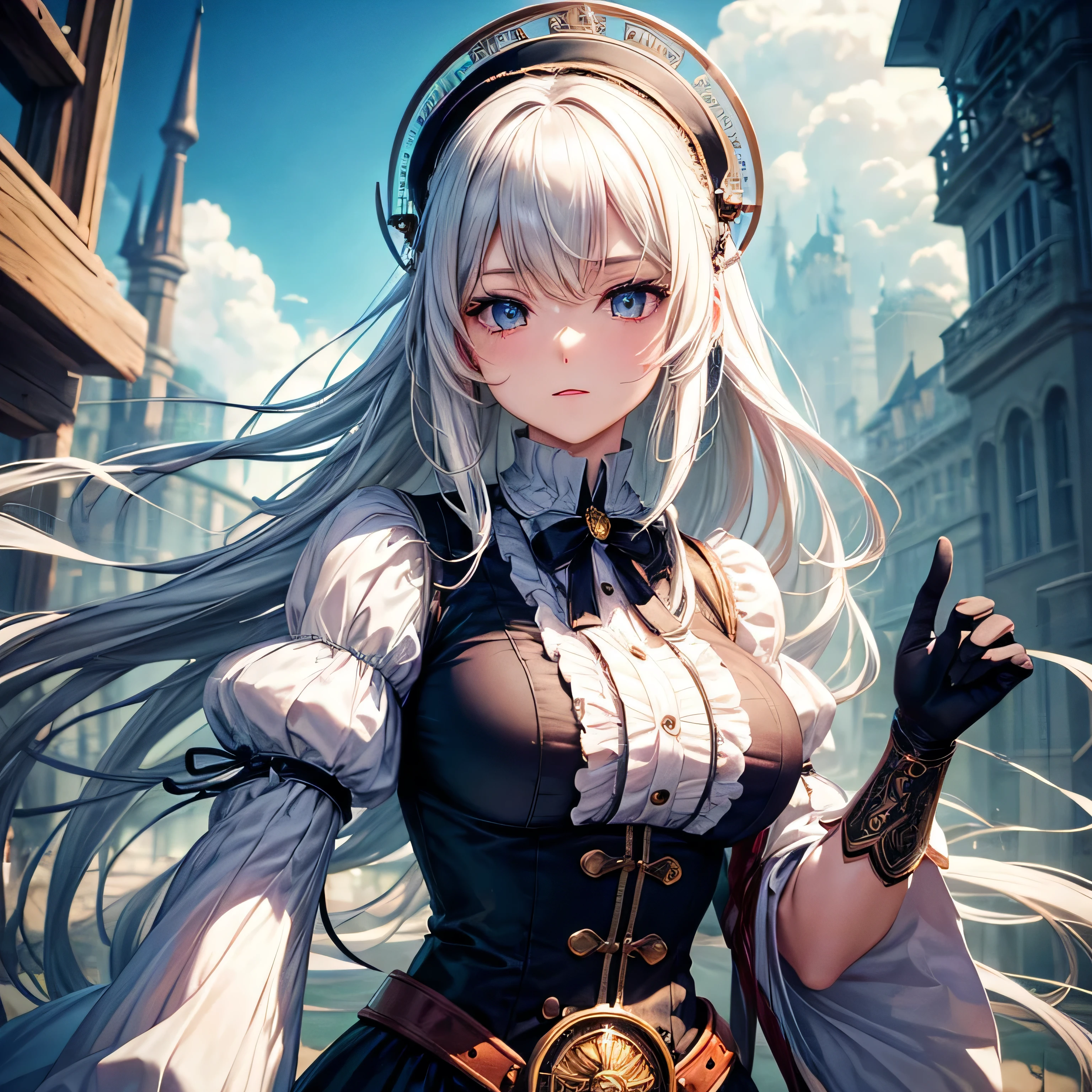 One Girl, Plump body, The upper body is drawn, Long white hair, Victorian fashion elements, Wearing steampunk devices and gadgets, Machine elements, A fusion of high tech and retro design, Retro shades, Hybrid Costume, Steam and steam effect, Incorporate Victorian architecture and architectural elements into your backdrop, Create a three-dimensional effect using gradients and shadows, Design with fantasy elements, Magic Crystal, Otherworldly Items,Perfect and detailed facial expression,Perfect and detailed eyes,Perfect and detailed hair design,Perfect and detailed upper body+Depiction of,Perfect and detailed chest