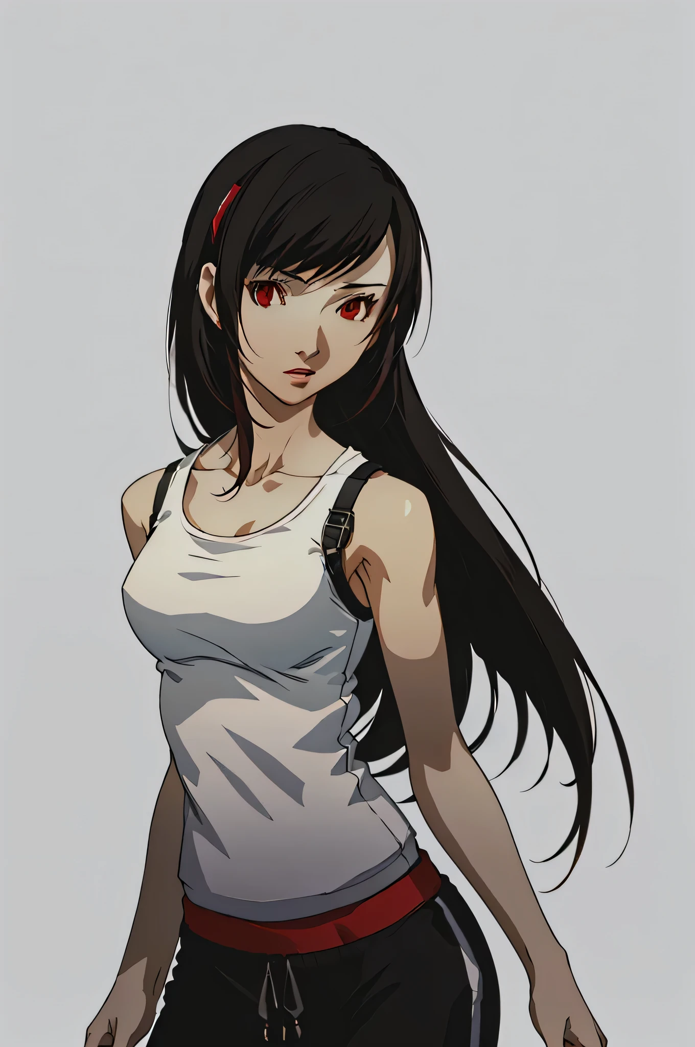 (masterpiece:1.2, best quality), 1lady, solo, portrait, red eyes, Tifa Lockhart, wearing a classic white tank top with black sweatpants Confident and effortless with minimal makeup and long black hair (white background)