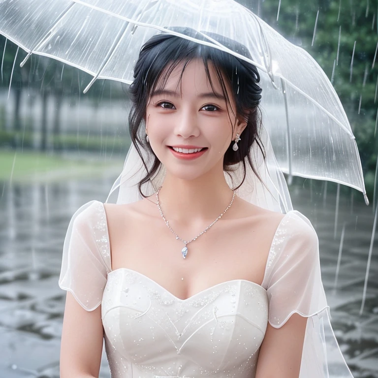 She is looking at me with her beautiful eyes, wearing a wedding dress in the rain, and smiling. The rain is reflecting the sun and sparkling. The dress is pure white and sparkling with her beautiful necklace and earrings.