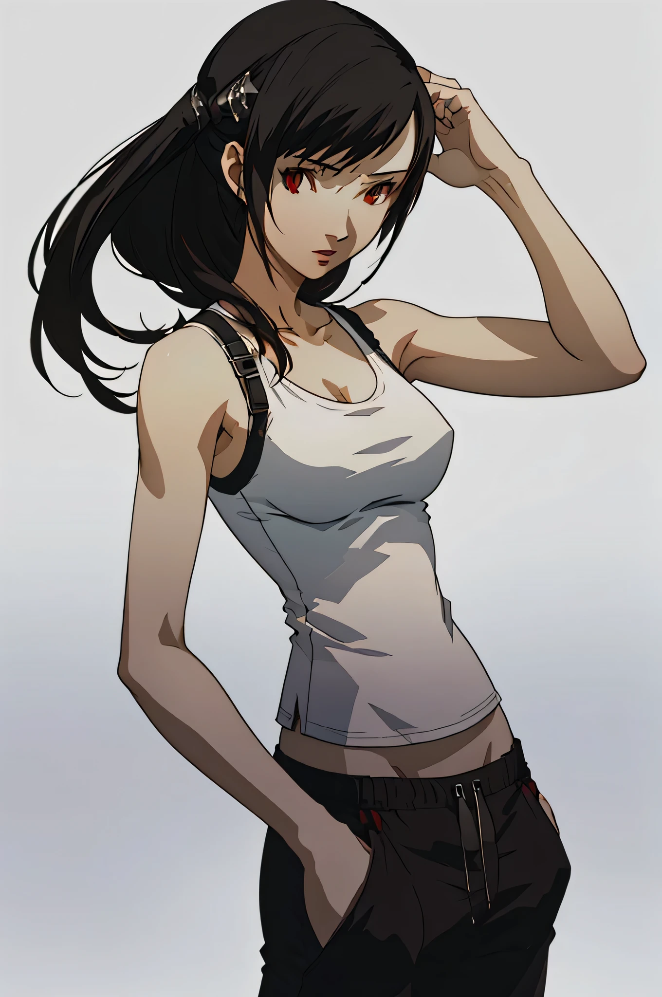 (masterpiece:1.2, best quality), 1lady, solo, portrait, red eyes, Tifa Lockhart, wearing a classic white tank top with black sweatpants Confident and effortless with minimal makeup and long black hair (white background)