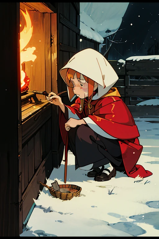 A wearing a red cloak and golden hair, squatting in the corner, crying with her head down, holding a burning small match in her hand, with a basket in front of her, and an old lady in white crouching beside her. It snows, outdoors, at night