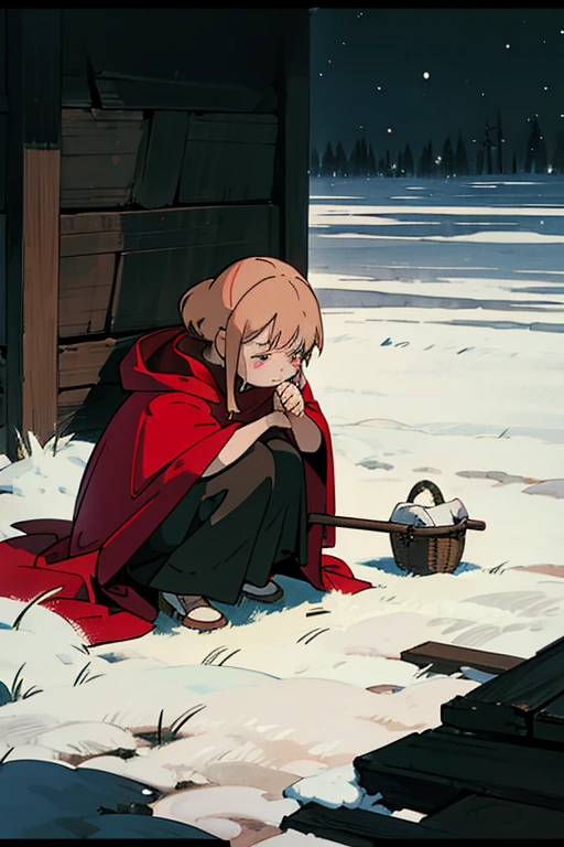 A  wearing a red cloak and golden hair, squatting in the corner, crying with her head down, holding a burning small match in her hand, with a basket in front of her, and an old lady in white crouching beside her. It snows, outdoors, at night