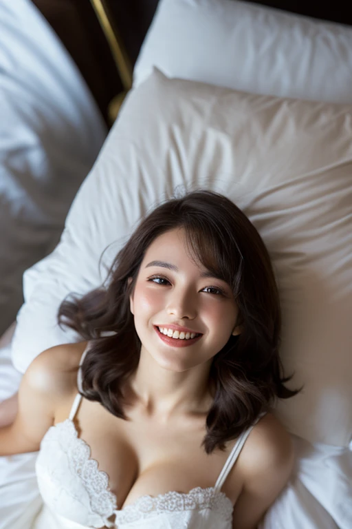 ulzzang-6500-v1.1, (RAW photo:1.2), (Photoreal), (genuine:1.4), (masterpiece), beautiful woman with perfect figure: 1.2, dark brown hair, big breasts:1.4, (lying bed:1.4), (shoot from above:2.0), strapless, elegant dress, (very kind smile:1.2), highly detailed face and skin, fine eyes, double eyelid, bedroom, faint light, soft brightness