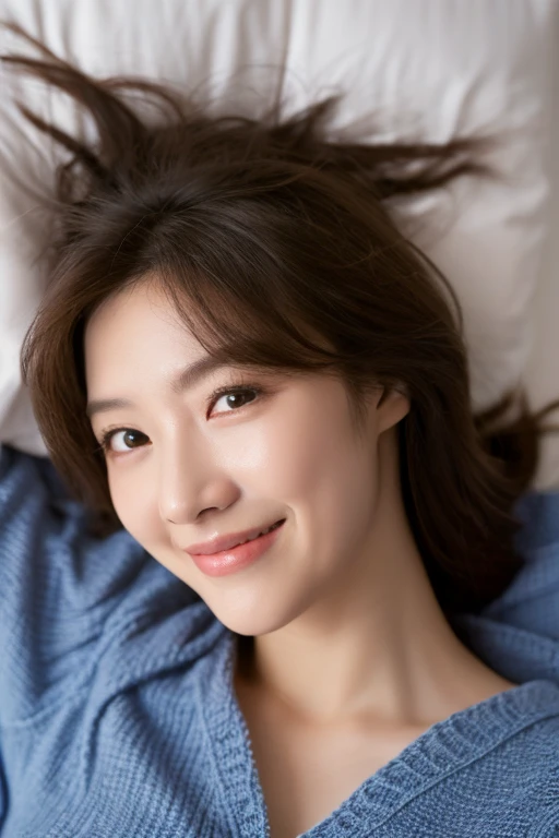 ulzzang-6500-v1.1, (RAW photo:1.2), (Photoreal), (genuine:1.4), (masterpiece), beautiful woman with perfect figure: 1.2, dark brown hair, big breasts:1.4, (lying bed:1.4), (shoot from above:2.0), strapless, elegant dress, (very kind smile:1.2), highly detailed face and skin, fine eyes, double eyelid, bedroom, faint light, soft brightness