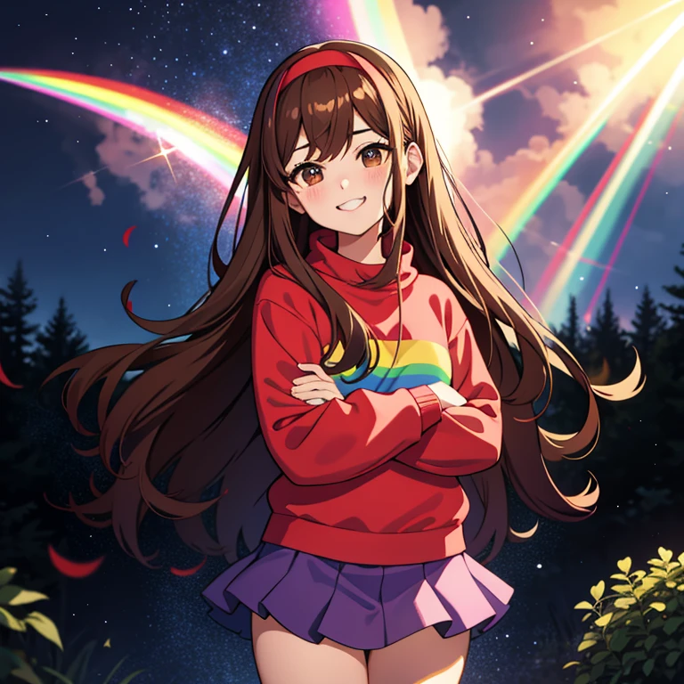 day, mabel pines ,masterpiece,best quality,Mabel,1girl, crossed arms,wallpaper, landscape, blood, blood splatter, depth of field, night, light particles, light rays, sidelighting, thighs, fate \(series\) solo,upper body,long hair,red sweater,long sleevess,brown hair,black eyes,pink hairband ,rainbow,star \(symbol\),rainbow, purple skirt,smile ,blush stickers ,round teeth,buck teeth ,tree,blue sky, wide hips