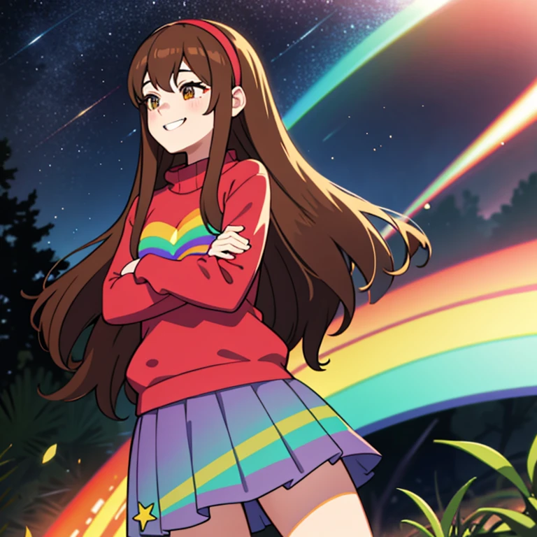 day, mabel pines ,masterpiece,best quality,Mabel,1girl, crossed arms,wallpaper, landscape, blood, blood splatter, depth of field, night, light particles, light rays, sidelighting, thighs, fate \(series\) solo,upper body,long hair,red sweater,long sleevess,brown hair,black eyes,pink hairband ,rainbow,star \(symbol\),rainbow, purple skirt,smile ,blush stickers ,round teeth,buck teeth ,tree,blue sky, wide hips