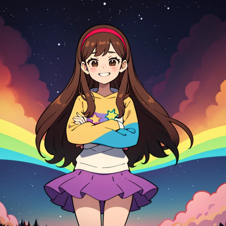 day, mabel pines ,masterpiece,best quality,Mabel,1girl, crossed arms,wallpaper, landscape, blood, blood splatter, depth of field, night, light particles, light rays, sidelighting, thighs, fate \(series\) solo,upper body,long hair,red sweater,long sleevess,brown hair,black eyes,pink hairband ,rainbow,star \(symbol\),rainbow, purple skirt,smile ,blush stickers ,round teeth,buck teeth ,tree,blue sky, wide hips