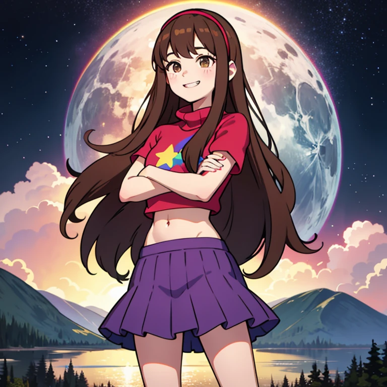 day, mabel pines ,masterpiece,best quality,Mabel,1girl, crossed arms,wallpaper, landscape, blood, blood splatter, depth of field, night, light particles, light rays, sidelighting, thighs, fate \(series\) solo,upper body,long hair,red sweater,long sleevess,brown hair,black eyes,pink hairband ,rainbow,star \(symbol\),rainbow, purple skirt,smile ,blush stickers ,round teeth,buck teeth ,tree,blue sky, wide hips