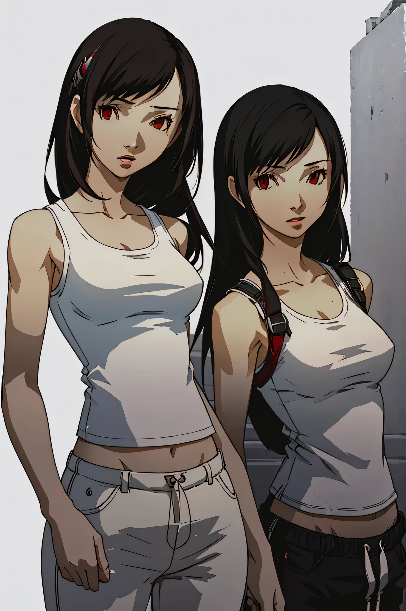 (masterpiece:1.2, best quality), 1lady, solo, portrait, red eyes, Tifa Lockhart, wearing a classic white tank top with black sweatpants Confident and effortless with minimal makeup and long black hair (white background)