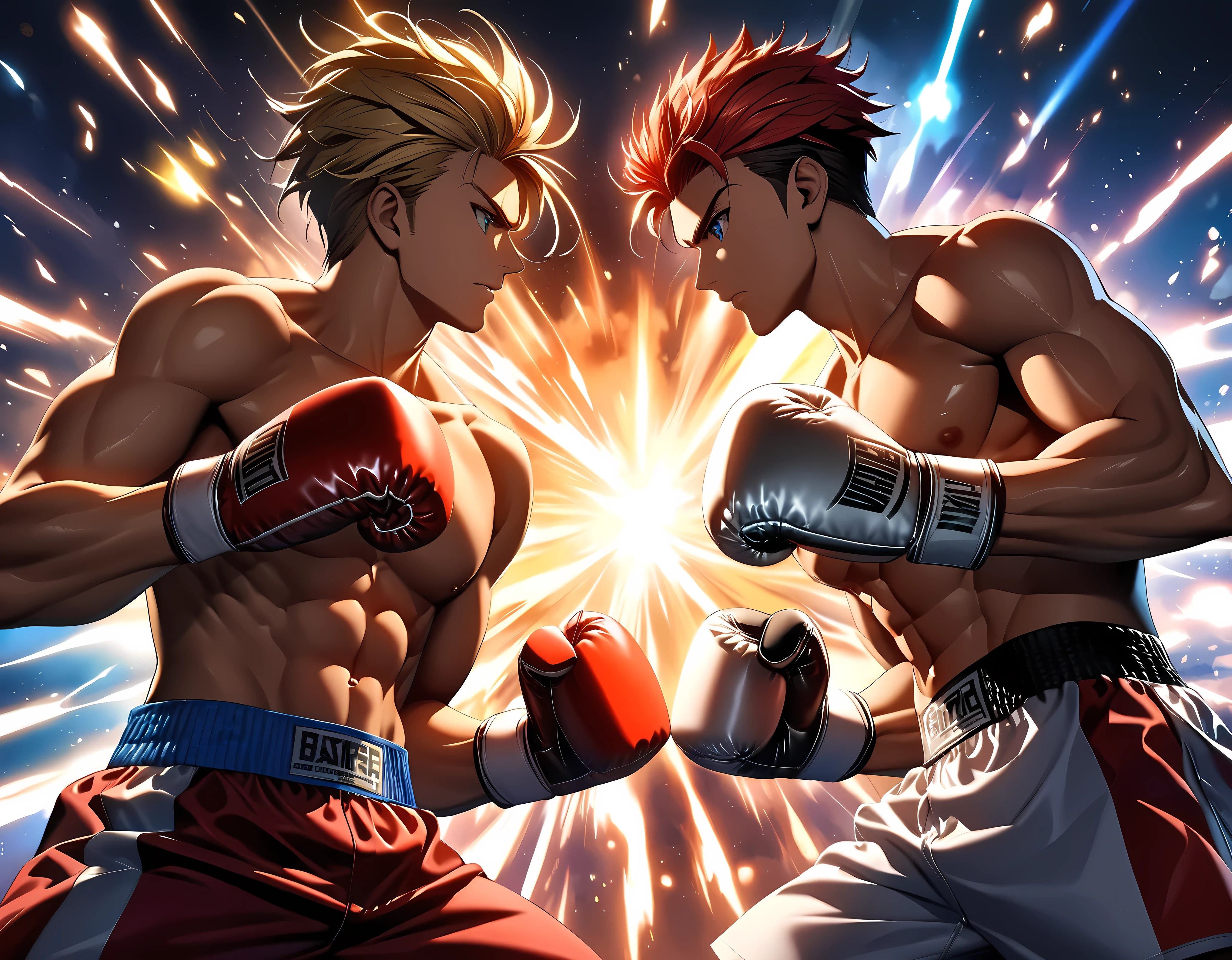 Title: "Epic Boxing Duel: Final Showdown"
Prompt:
1. Transport viewers to a climactic anime scene, where two formidable boxing athlete face off in a final boxing match night.
2. Envision the boxers wearing specialized boxing gloves.
3. Craft the scene with the distinct aesthetic of Stable Diffusion 1.5, emphasizing smooth transitions and fluid animations to enhance immersion.
4. Define the characters: one boxer a handsome blonde, the other in a fierce red hair.
5. Illustrate the boxers' movements with precision and grace, each gesture unleashing torrents of punch.
6. Illuminate the battlefield with dynamic lighting effects, casting dramatic shadows and highlights to heighten the intensity of the confrontation.
7. Introduce environmental elements such as flash lights and majestic lighting, adding depth and complexity to the match night ambiance.
8. Convey the fierce determination in the boxers' expressions as they unleash devastating punch upon each other, their eyes ablaze with unyielding resolve.
9. Showcase the versatility of the boxing gloves, as the boxers position their bodies in fighting stances.
10. Capture the ebb and flow of the battle with dynamic camera angles, drawing viewers into the heart of the boxing duel.
11. Ensure every frame is meticulously detailed, from the ornate designs of the boxing gloves to the mesmerizing patterns of the fighting ring.
12. Optimize the animation for Stable Diffusion 1.5, ensuring the highest quality and visual fidelity to deliver an unforgettable final showdown scene.