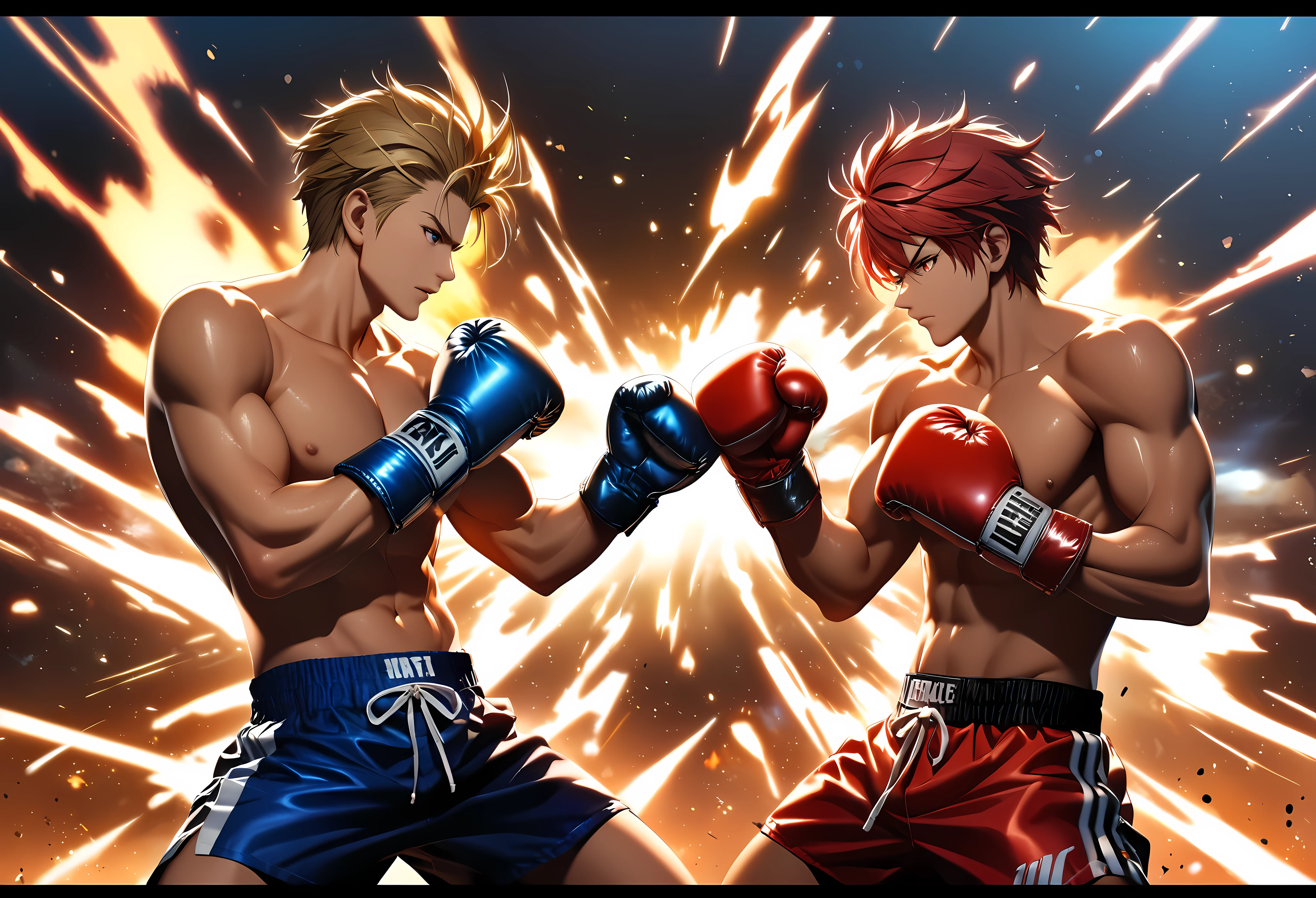 Title: "Epic Boxing Duel: Final Showdown"

Prompt:

1. Transport viewers to a climactic anime scene, where two formidable boxing athlete face off in a final boxing match night.

2. Envision the boxers wearing specialized boxing gloves.

3. Craft the scene with the distinct aesthetic of Stable Diffusion 1.5, emphasizing smooth transitions and fluid animations to enhance immersion.

4. Define the characters: one boxer a handsome blonde, the other in a fierce red hair.

5. Illustrate the boxers' movements with precision and grace, each gesture unleashing torrents of punch.

6. Illuminate the battlefield with dynamic lighting effects, casting dramatic shadows and highlights to heighten the intensity of the confrontation.

7. Introduce environmental elements such as flash lights and majestic lighting, adding depth and complexity to the match night ambiance.

8. Convey the fierce determination in the boxers' expressions as they unleash devastating punch upon each other, their eyes ablaze with unyielding resolve.

9. Showcase the versatility of the boxing gloves, as the boxers position their bodies in fighting stances.

10. Capture the ebb and flow of the battle with dynamic camera angles, drawing viewers into the heart of the boxing duel.

11. Ensure every frame is meticulously detailed, from the ornate designs of the boxing gloves to the mesmerizing patterns of the fighting ring.

12. Optimize the animation for Stable Diffusion 1.5, ensuring the highest quality and visual fidelity to deliver an unforgettable final showdown scene.