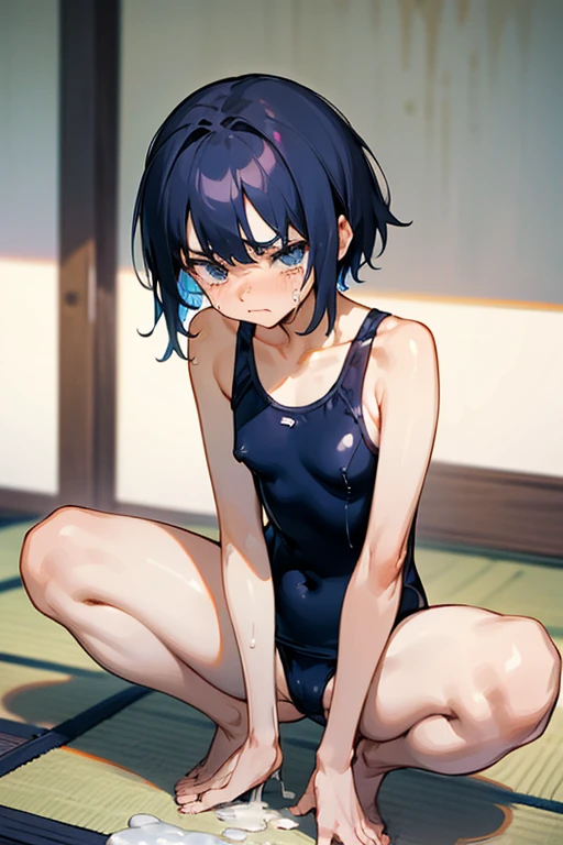 18 year old Japanese, Visible nipples、Black Berry Short、boyish、small size of breasts, Flat Chest、Sidelim body, Squat posture、Spread your legs, Spread your legs, Only one girl, One piece swimsuit、Navy blue school swimsuit、Front of body、looking at the camera、Scared、Shame play、Embarrassing、Are crying、Flowing Tears、Closed Mouth、barefoot、incontinence、Girl urinating、Seriously angry