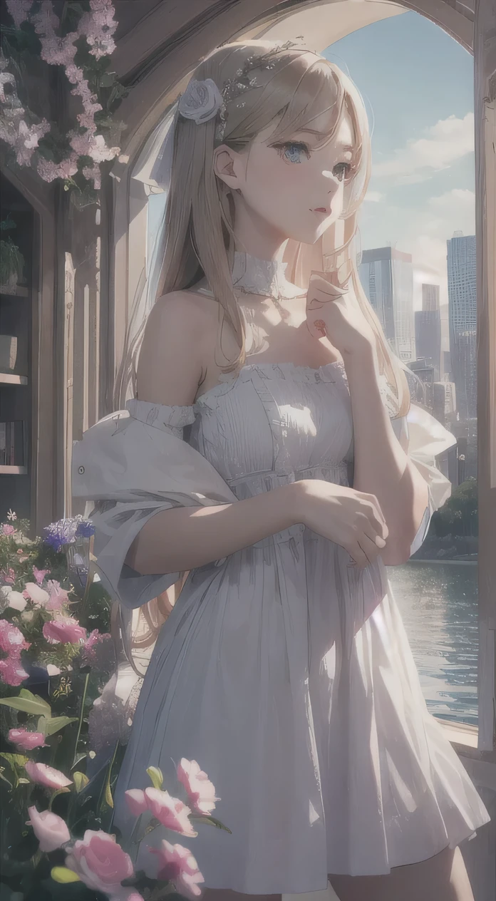 (Painting style close up,8K ultra-high resolution,A masterpiece Vista CG wallpaper),Beautiful skyline,Beautiful sky,Beautiful and delicate eyes,pretty girl,Perfect slim body,Shift dress,Pure Eyes,The skin is smooth like a baby,Standing on a high mountain overlooking the earth,Sky Sky,lake,Colorful flowers and plants。