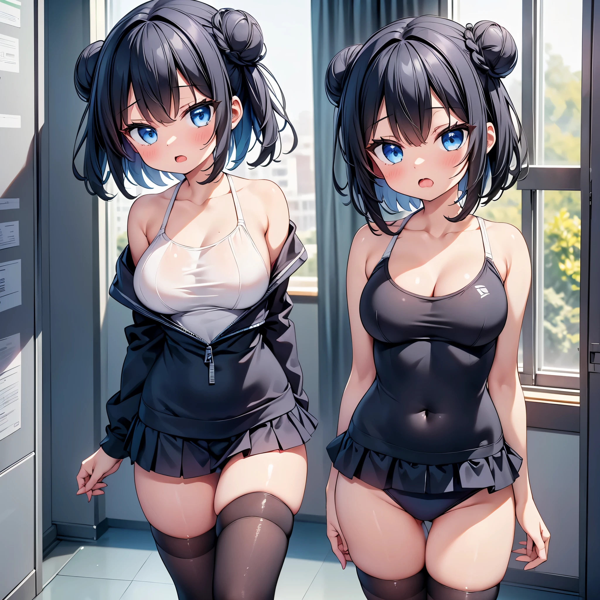 highest quality,wonderful,finely,extremely detailed CG Unity 8K wallpaper, (1 Girl,Black Hair, Blue Eyes,short hair, double bun), (midium :1.2), (school swimsuit:1.1), (Bare shoulders:1.1), (clavicle:1.1), (open mouth:1.2), (long tongue:1.2), (mouth drool:1.2), (zettai ryouiki:1.3),(Waistline:1.2), (Are standing:1.2)