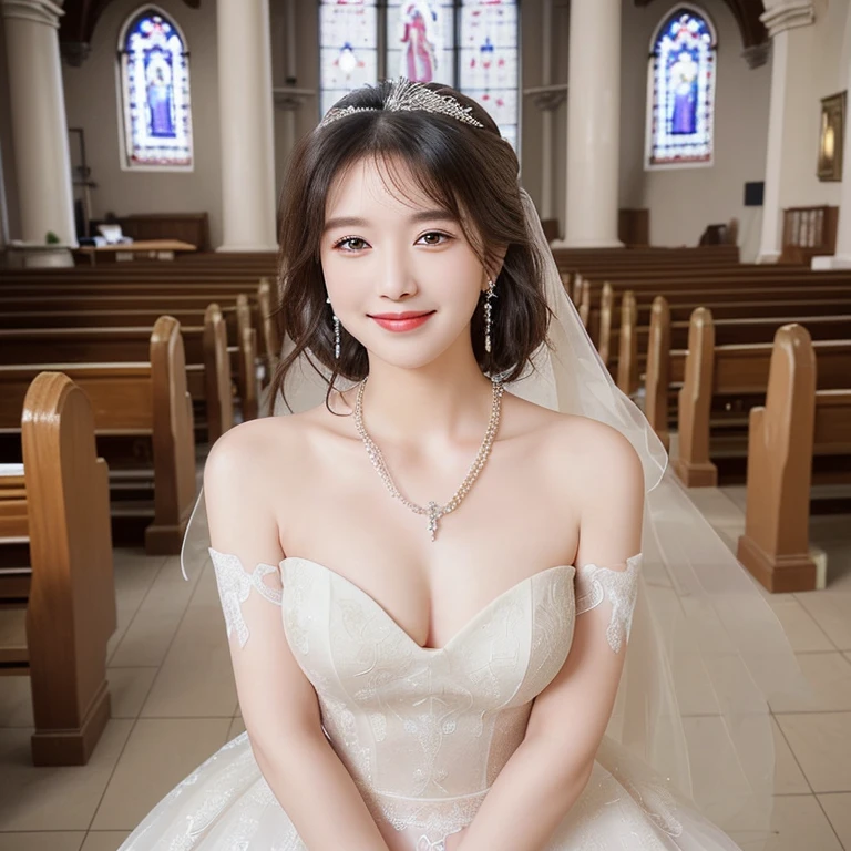 She turned her beautiful eyes towards me, wore a wedding dress in the church, and smiled at me. The dress was pure white and sparkled with beautiful necklaces and earrings.