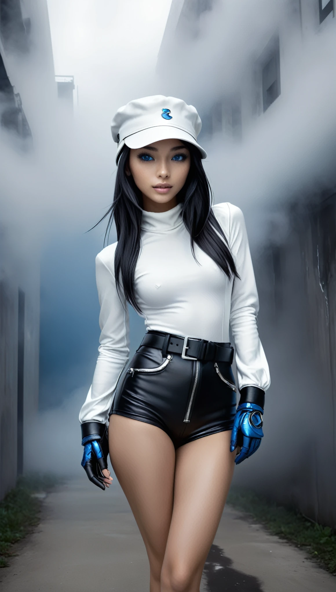 masterpiece, Best Quality, Realistic, Futuristic fashion sexy Gravure portrait,
BREAK
beautiful young woman, ig model, render of april, (wide angle, all body shot, standing:1.6),
BREAK
bold exposure, exuding a sculptural beauty,(ultra slim waist, firm medium breasts, medium buttocks, beautiful sexy legs:1.2), White and beautiful Silky skin, thin and beautiful neck, small head,
BREAK (wide angle, all body shot, standing:1.6),
(White and black military print bodysuit: 1.3), (Sleek black leather belt with futuristic metallic buckle: 1.2), (Low-rise black leather shorts with zipper accents: 1.4), urban vibes, (Chunky black combat Sneaker with silver hardware: 1.5), fierce and bold, (Black fingerless gloves with white LED lights: 1.3), high-tech accessories, (White and black camouflage print bucket hat: 1.3), functionality meets style, embodying the essence of future street-chic fashion,
(in a concrete, fog, mist, Realistic black Shadow) , small head, Detailed face, cute and Pretty slim face, happy, Duck mouth, perfect beautiful Tooth, arranged gray hair, blue eyes, shiny eyes, looking viewer, (wide angle, all body shot, standing:1.6),